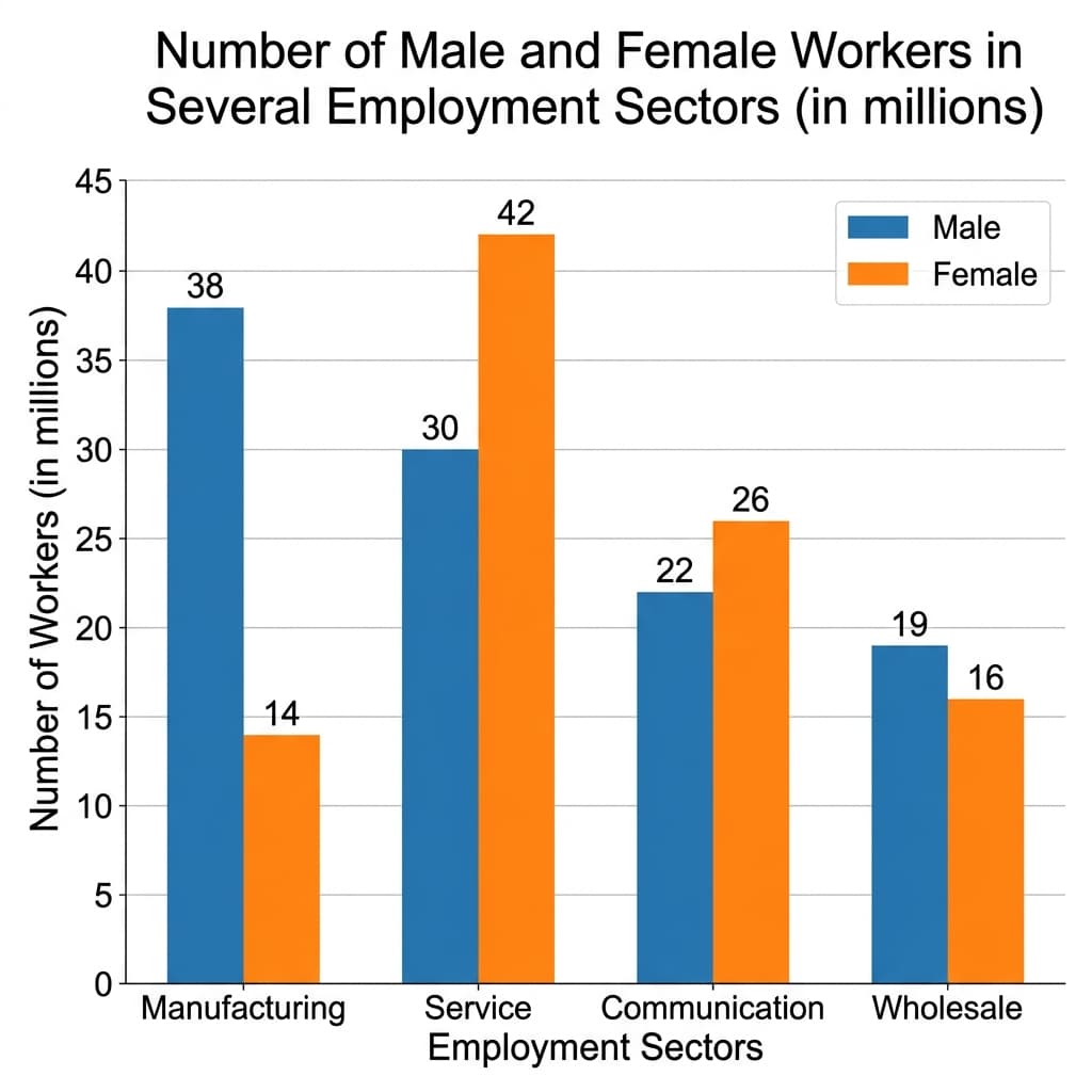 Male and female workers in several employment sectors