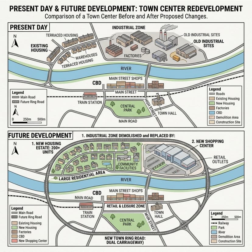 The development of a town center (Present vs Future)